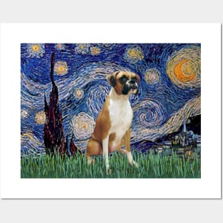 Starry Night (Van Gogh) Adapted to Feature a Boxer (natural ears) Posters and Art